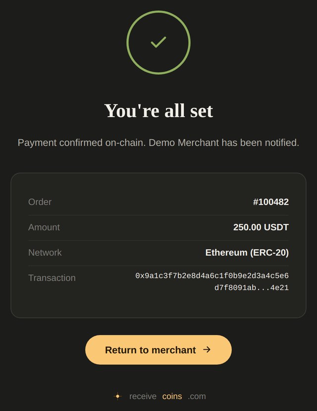 Screenshot of the receivecoins.com payment confirmation screen